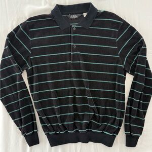 South Channel Vintage 70s Velour Long Sleeve Black Striped Polo Shirt Men’s Med
